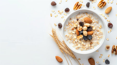 Bowl of oatmeal with milk, nuts, and raisins, set on a white backgroundの素材