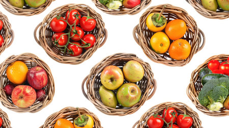 Fruits and vegetables neatly arranged in wicker baskets, isolated on a white background in a seamless patternの素材