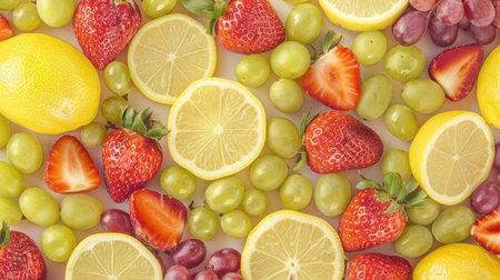Assorted fresh fruits including strawberries, lemons, and grapes, creatively arranged in a seamless patternの素材