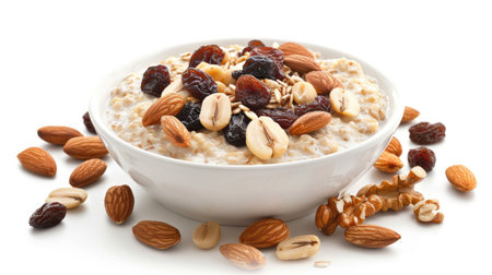 Delicious oatmeal with milk, nuts, and raisins, shown against a white backgroundの素材