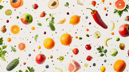 Assortment of fruits and vegetables suspended in the air, forming a seamless pattern on a light backgroundの素材