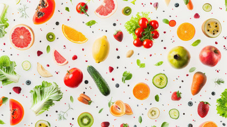 Assorted fruits and vegetables in mid-air, forming a seamless pattern on an isolated backgroundの素材