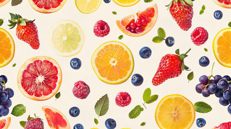 Fresh berries, citrus slices, and grapes forming a vibrant seamless pattern against a plain backgroundの素材