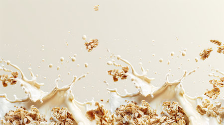 Falling muesli with milk splash, forming a seamless pattern on a neutral backgroundの素材
