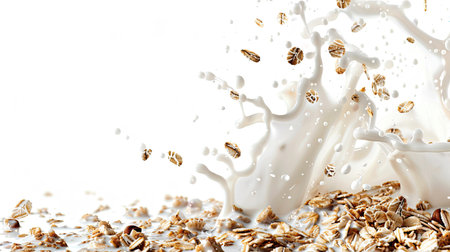 Falling muesli and milk splash, creating a seamless pattern on a white backgroundの素材