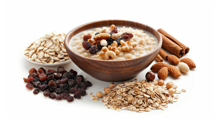 Healthy bowl of oatmeal with milk, nuts, and raisins, arranged on a white backgroundの素材