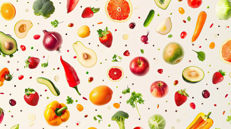 Fresh fruits and vegetables floating in mid-air, creating a colorful seamless pattern on a plain backgroundの素材