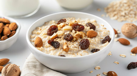 Creamy oatmeal with nuts and raisins, served with milk, isolated on a plain white backdropの素材