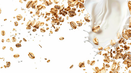 Falling muesli with milk splash isolated on a white background, creating a seamless patternの素材
