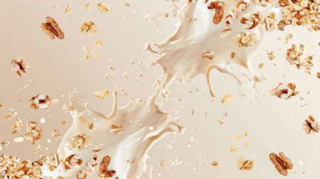 Isolated falling muesli with milk splash, arranged in a seamless pattern on a plain backdropの素材