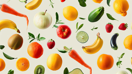Variety of floating fruits and vegetables, forming a seamless pattern on a neutral backgroundの素材
