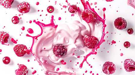 Raspberry yogurt and berry splashes in mid-air, forming a seamless pattern on a white backgroundの素材