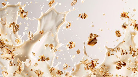Isolated falling muesli with milk splash, arranged in a seamless pattern on a plain backdropの素材