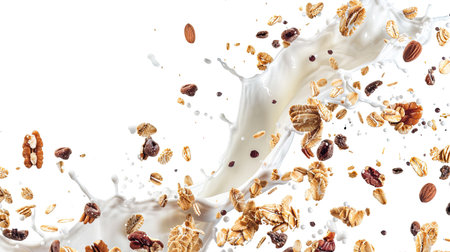 Muesli pieces falling with milk splash, creating a seamless pattern against an isolated backgroundの素材