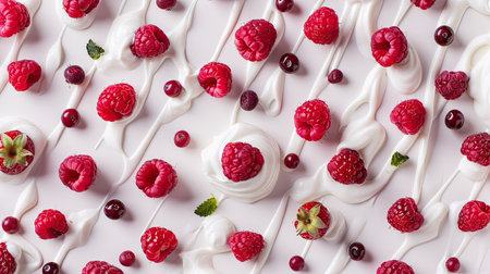 Vibrant raspberry yogurt and fresh berries, creating a seamless pattern on a white backdropの素材