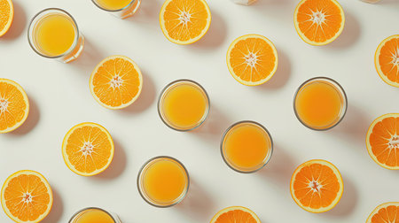 Orange juice in a glass isolated on a white backdrop, arranged in a seamless patternの素材