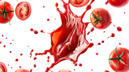 Red tomato ketchup splash suspended in air, creating a seamless pattern on a white backgroundの素材