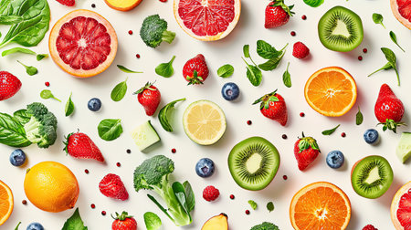 Various fresh fruits and vegetables levitating, creating a seamless pattern on a light backgroundの素材