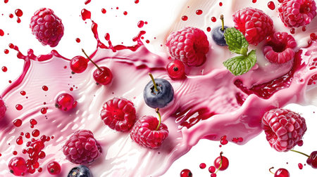 Raspberry yogurt and fresh berries in mid-splash, creating a seamless pattern on a white backgroundの素材