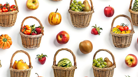Wicker baskets filled with various fruits and vegetables, isolated on white in a seamless patternの素材