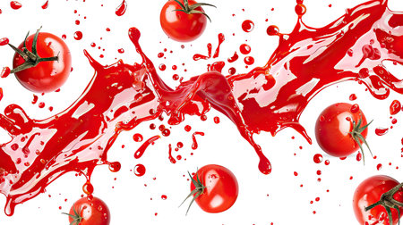Red tomato ketchup splash in mid-air, creating a seamless pattern on a plain white backgroundの素材