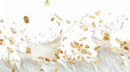 Isolated falling muesli and milk splash, creating a seamless pattern on a white backgroundの素材