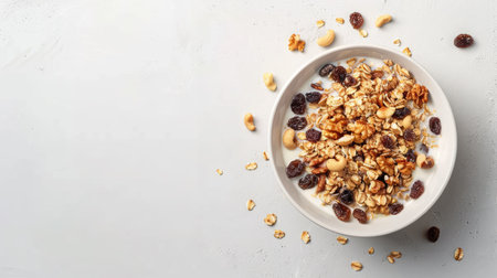 Nut and raisin oatmeal with milk, arranged in a bowl on a white surfaceの素材