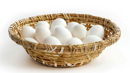 Bamboo basket filled with fresh chicken eggs, isolated on white background, food and nutrition ad, ample copy spaceの素材