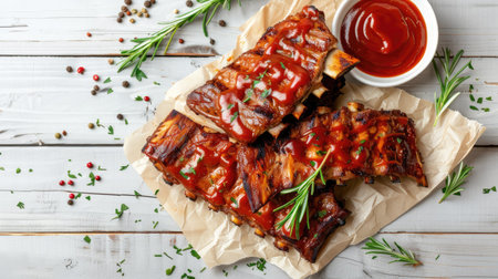 Grilled rabbit ribs with barbecue sauce on a white wooden table, flat lay perspectiveの素材