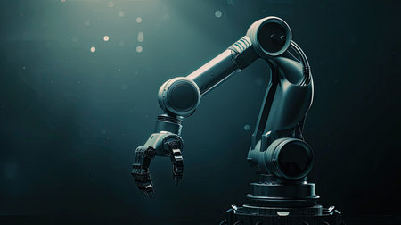 Conceptual model of an industrial robot against dark background, representing innovationの素材