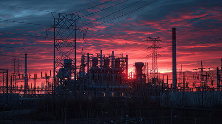 Electrical plant at dusk with a fiery sunset in the backgroundの素材