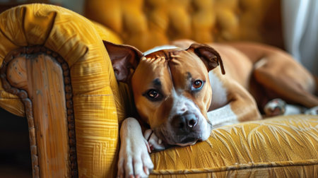 Bored 1-year-old female boxer pit bull mix dog with a sad expression on a chair during a rainy day indoors.の素材