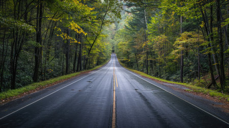 A scenic route leading to the Great Smoky Mountains National Park, Tennessee, with a long, straight road and forested surroundingsの素材