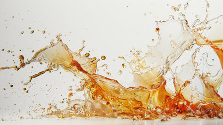 Artistic capture of a cooking oil splash, frozen in motion against whiteの素材