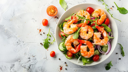Fresh shrimp salad on a white stone background, capturing vibrant seafood and crisp vegetables, top viewの素材