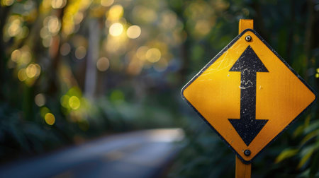 Close-up of a yellow road sign with a black right turn arrowの素材