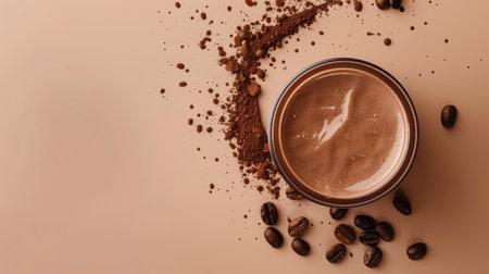 Coffee brown exfoliating cream on light brown background, top view ad mockupの素材