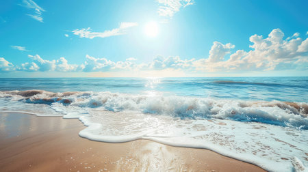 Beach with gentle waves and sunny sky, perfect for summer vacation photo designsの素材