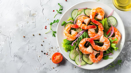 Freshly prepared shrimp salad on a white stone surface, top view, with vibrant colors and clear space for textの素材