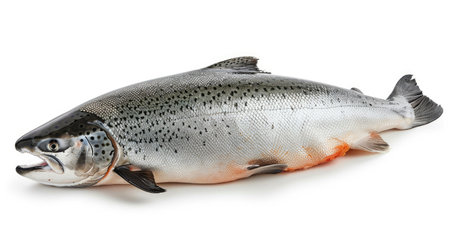 Isolated raw salmon falling with a clean white backdrop, emphasizing its natural color and freshnessの素材