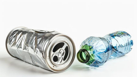 Close-up of a compressed aluminum can and plastic bottle, isolated on white with clipping path. Ideal for recycling and waste management visualsの素材