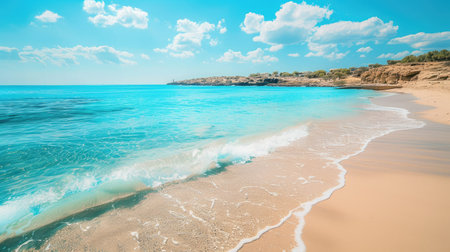 Sunny beach with turquoise sea and golden sand, perfect for summer vacation campaignsの素材