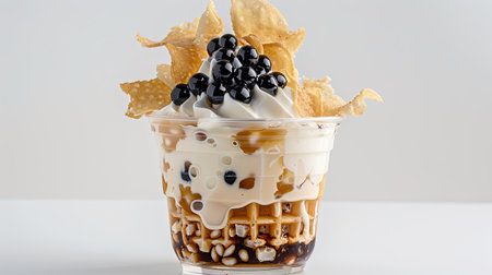 Clear cup with vanilla soft ice cream, bubble tea pearls, and waffle chips topping, white backgroundの素材