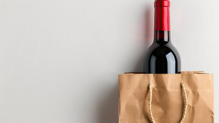 Close-up of red wine bottle and shopping bag with a blank label on white background. Perfect for wine packaging and branding visuals.の素材
