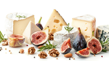 Elegant cheese platter featuring French organic cheeses, figs, and nuts, isolated on a white backdrop. Ideal for high-end food photography.の素材