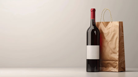 Close-up of red wine bottle and shopping bag with a blank label isolated on white. Ideal for wine packaging and branding visuals.の素材