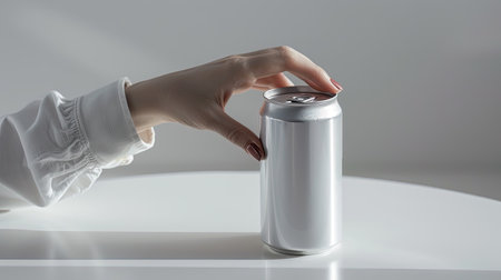 Close-up of a hand with an aluminum can on a white surface. Emphasizing the clean and modern look of the canの素材