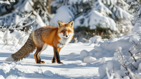 A red fox adding elegance to a snowy winter landscape, its vibrant fur beautifully contrasting with the white snow.の素材