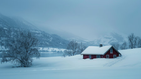 Cozy remote hut nestled in a snowy winter landscape of Tana, Norway, with a serene, snowy backdrop.の素材