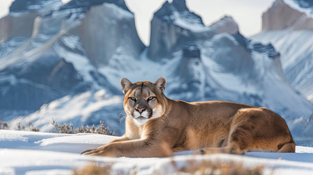 Pair of wild pumas resting in the snow with Torres delの素材